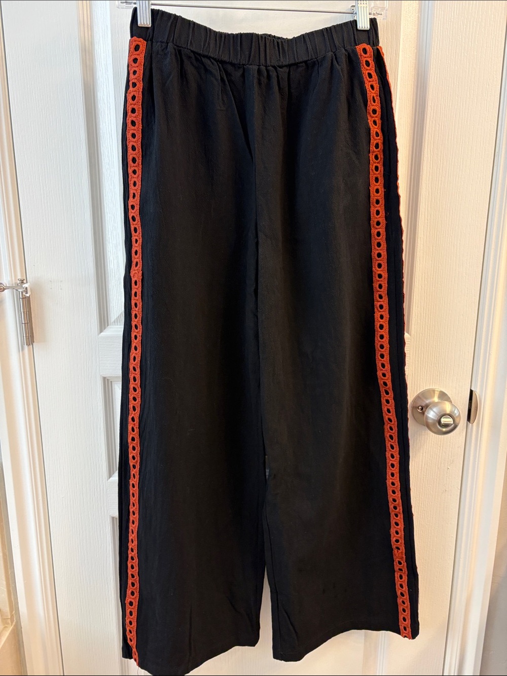 Black Wide-Leg Boho Pants with Rust Trim